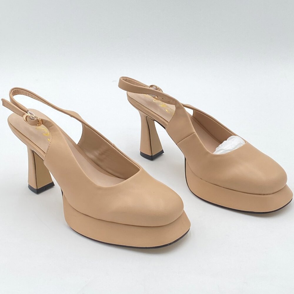 Women Platform Closed Square Toe Pumps Block High Heels Ankle Backstrap - Picture 4 of 8